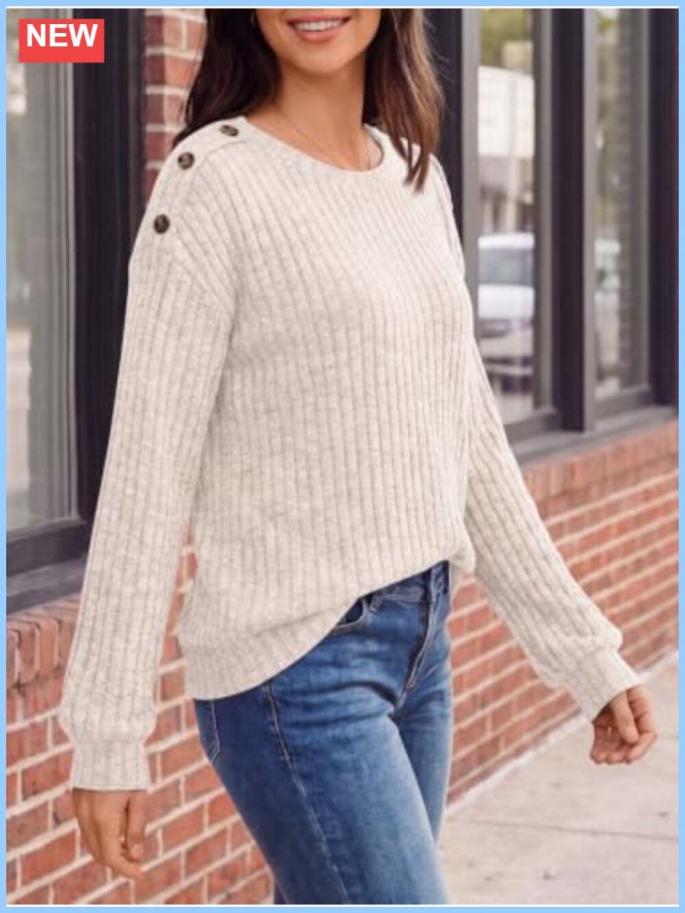 Long Sleeve Ribbed Knit Top with Resin Button Trim Fall Layering - Picture 2 of 5